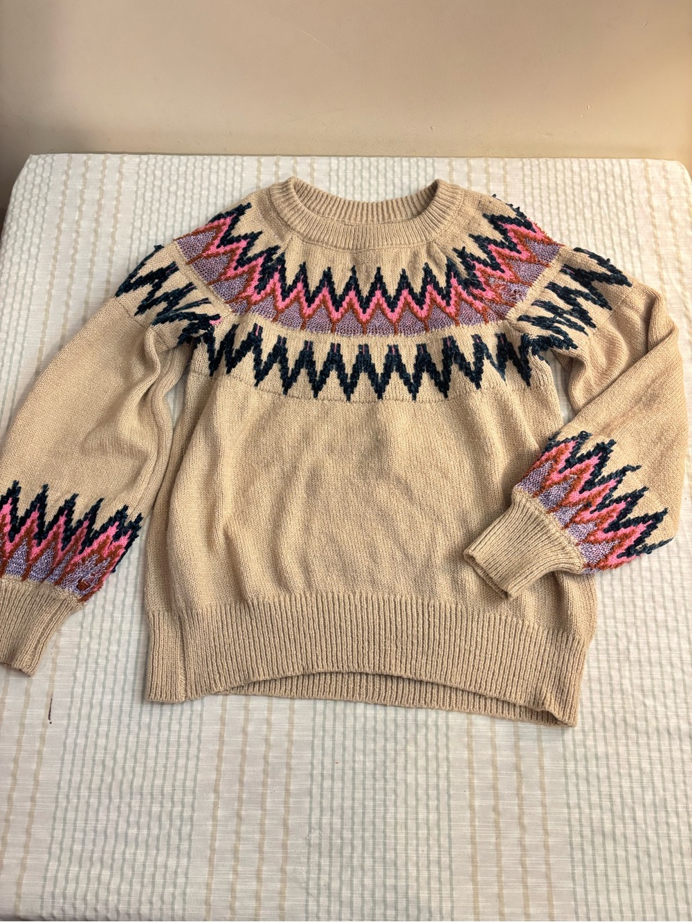 Maurices Beige Crewneck Sweater with Pink, Navy & Lavender Fair Isle Yoke